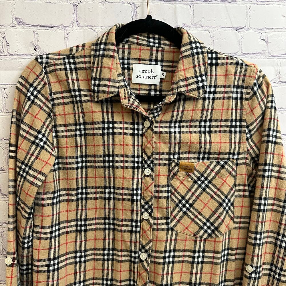 Simply Southern Long Sleeve Flannel Tan Black Red Plaid Women's Small - Picture 2 of 9